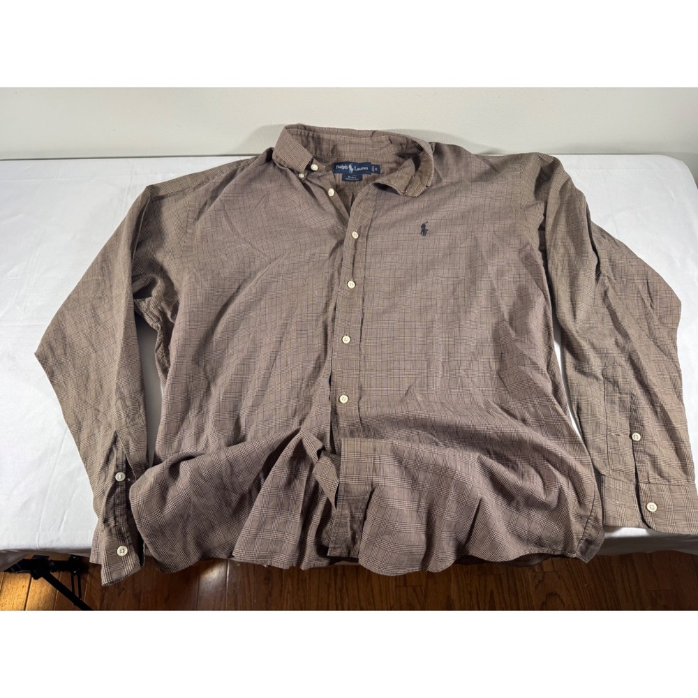 VTG Y2K Polo Ralph Lauren Blake Mens Medium Brown Glen Plaid Cotton Button Down